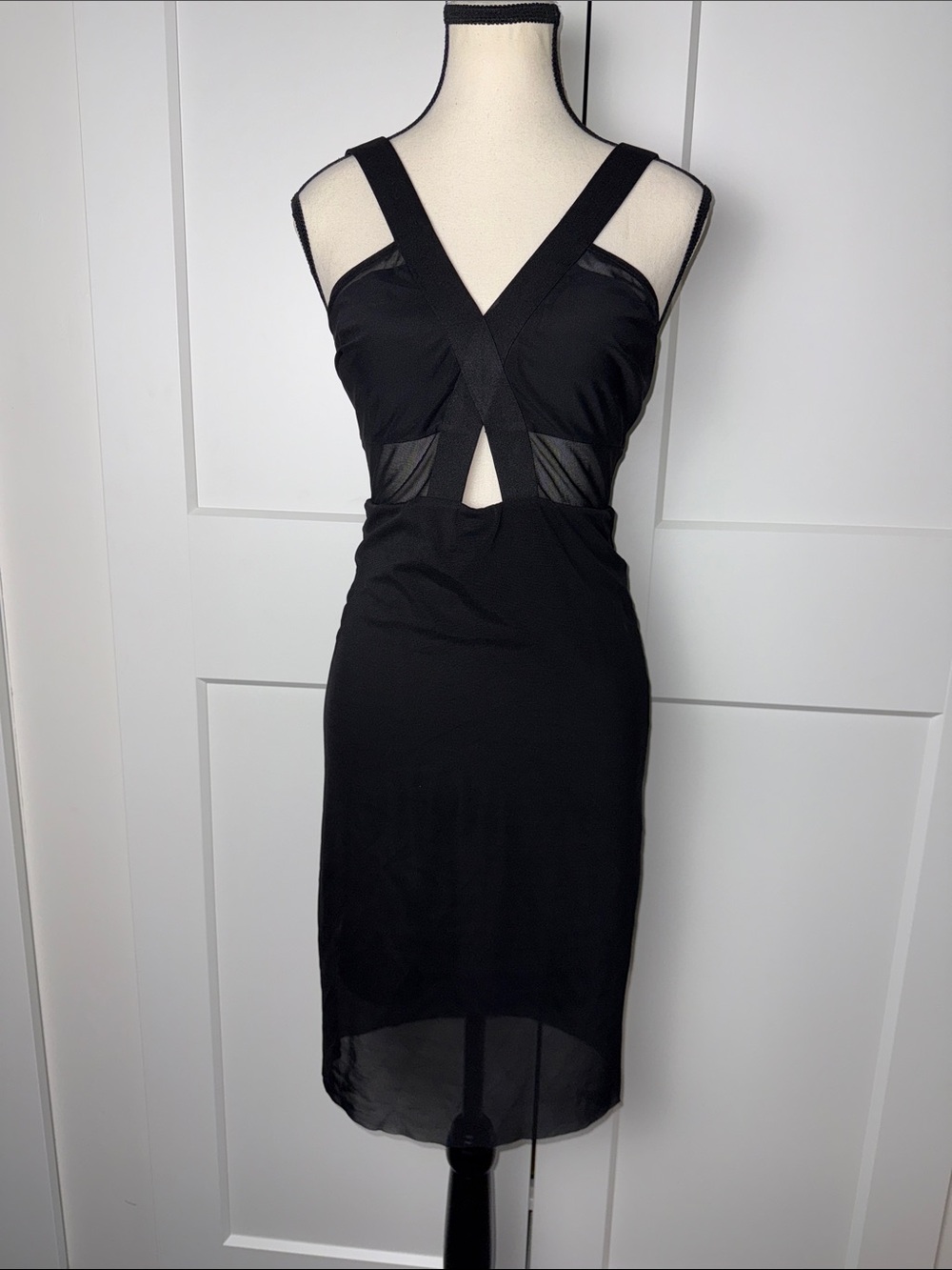 Bebe Y2K bodycon mesh bandage dress multi strap 2000s small midi keyhole club